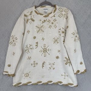 Vtg Snowflake Sweater XL Cream Gold Metallic Woven Knit Holiday Winter Grandma